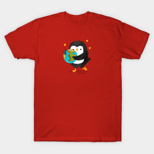 Penguin hugging the world T-Shirt by thepenguinsfamily